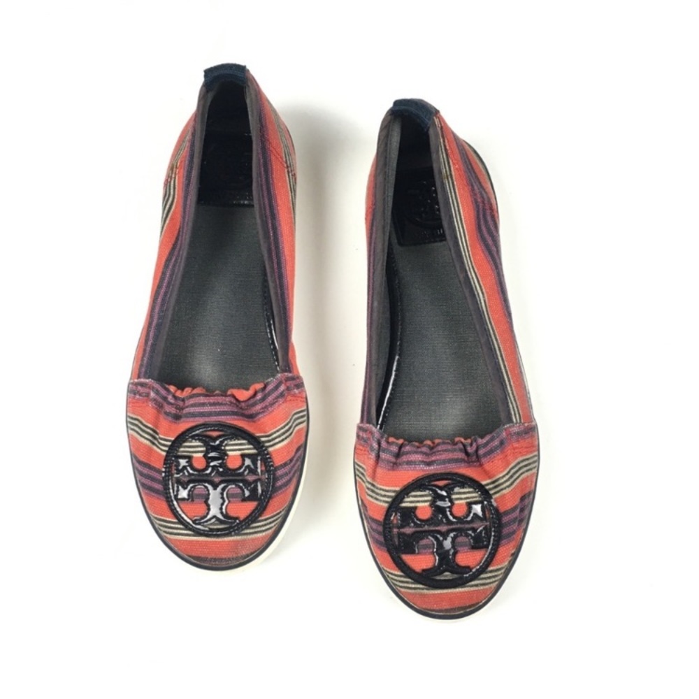Tory Burch Raymond Canvas Striped Flats Monogram Logo Shoes Women’s Sz 6.5
